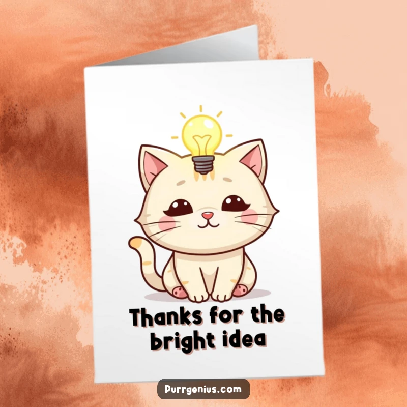 Funny Free Printable Thank You Card: Cat character with a lightbulb glowing above its head, a symbol of a great idea.