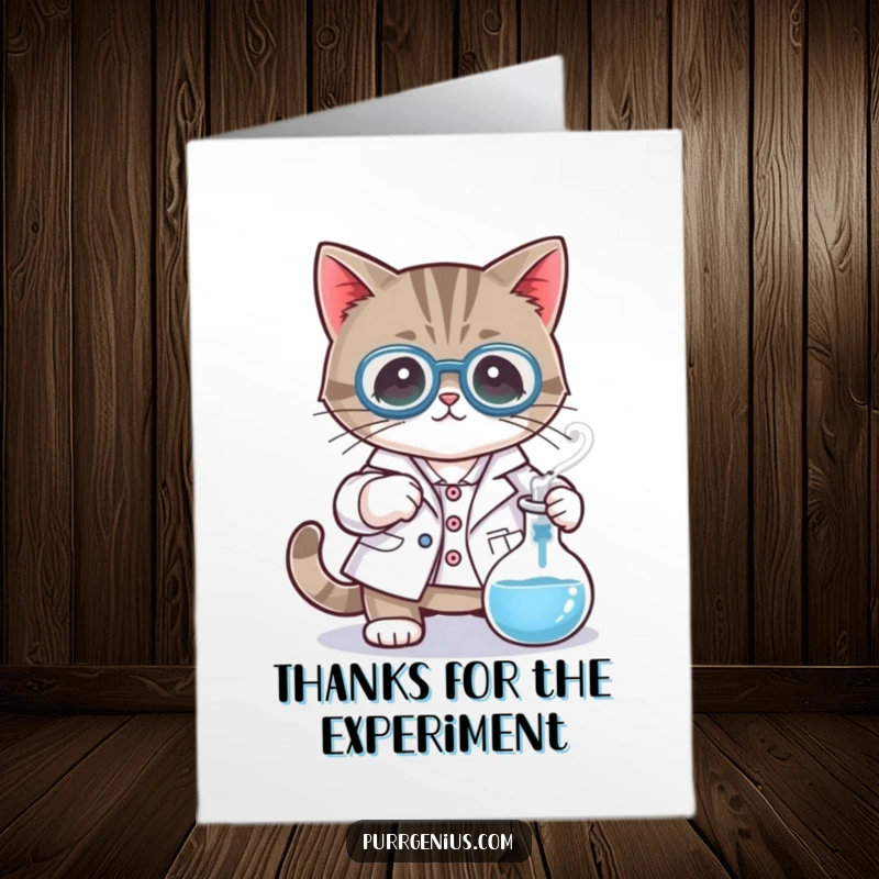 Funny Free Printable Thank You Card: A cat in a lab coat stirs a bubbling beaker, expressing thanks with a humorous, inventive twist. Perfect gift.