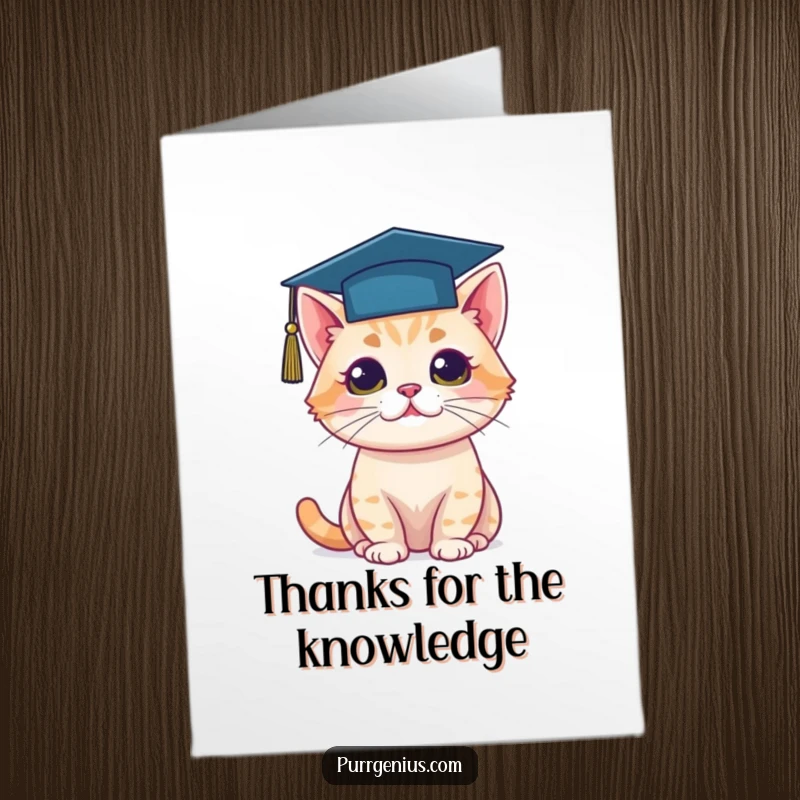 Funny Free Printable Thank You Card with a cat wearing a miniature graduation cap, giving a knowing look.