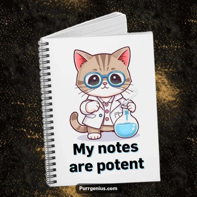 Funny notebook featuring a cat character in a lab coat, stirring a bubbling beaker, ideal for jotting scientific notes.