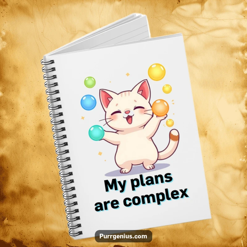 Funny notebook featuring a playful cat character juggling glowing orbs, ideal for jotting down creative thoughts.