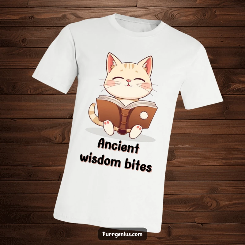 Funny cat with an enlightened expression, holding a large, old book. This t-shirt celebrates wisdom and feline curiosity.