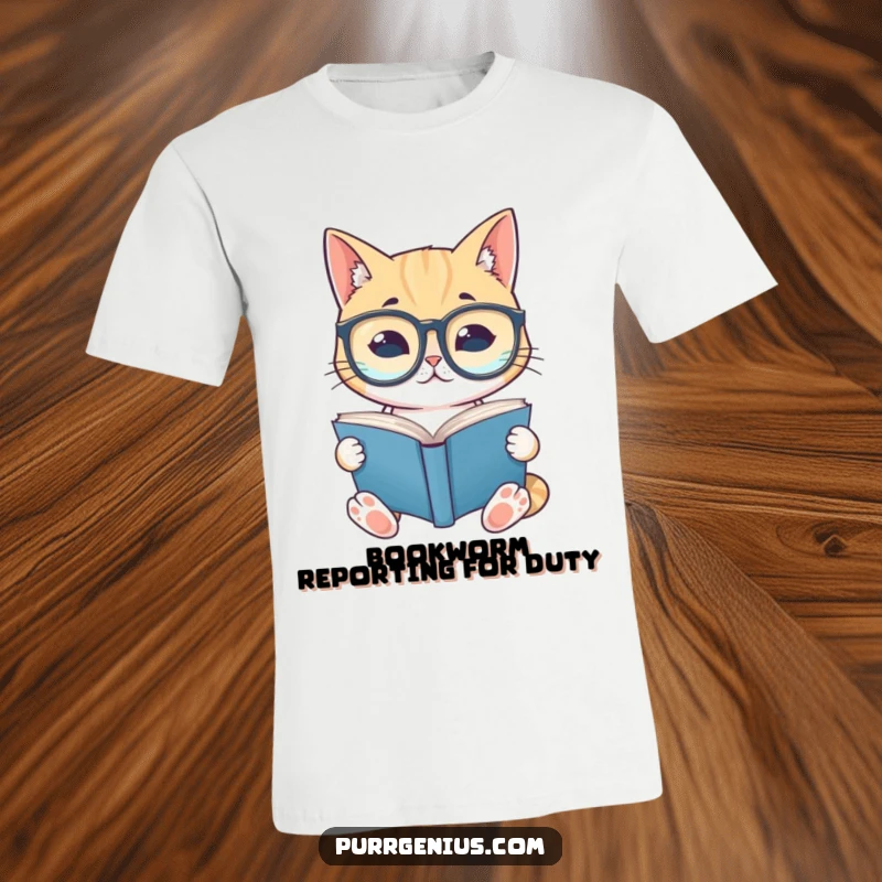 Funny cat with large spectacles, deeply focused on reading a book, printed on a t-shirt, perfect for literary enthusiasts.