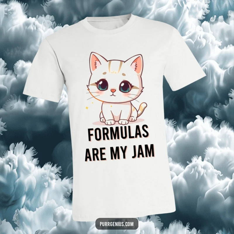 Funny t-shirt featuring a cute cat character looking intrigued by a glowing scientific formula, representing scientific curiosity and discovery.
