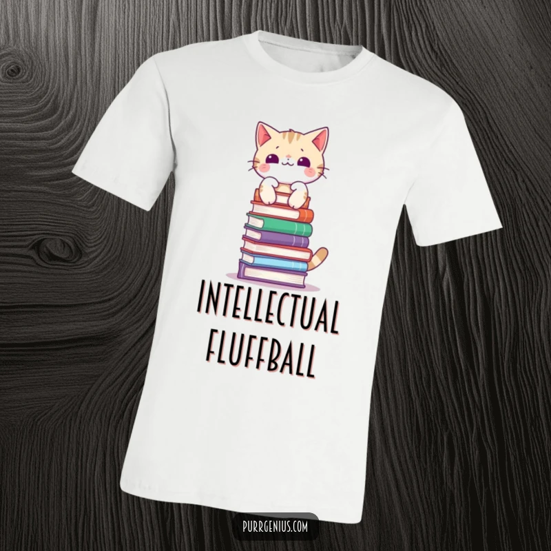 Funny t-shirt of a cat perfectly balancing a precarious stack of books on its head, looking calm and collected, a literary genius.