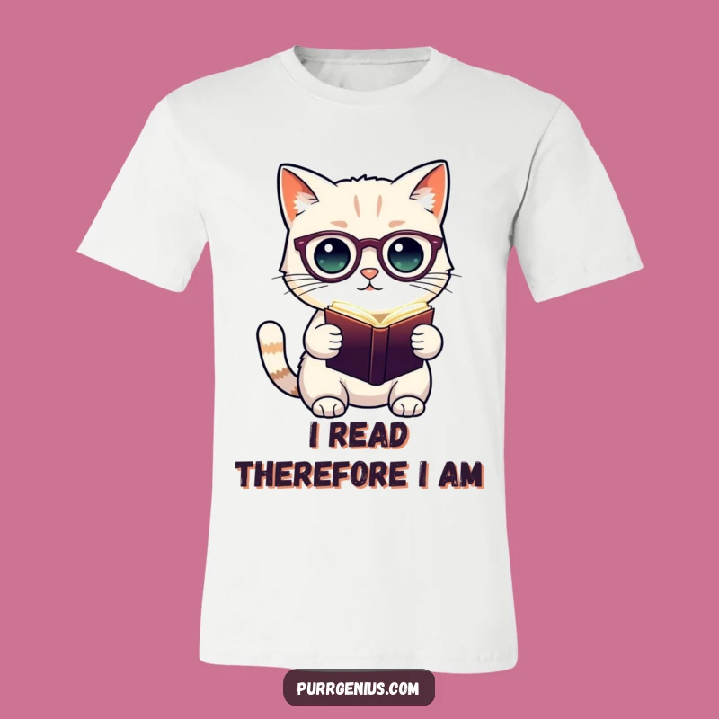 Funny Feline Philosopher T-Shirt: Cute Cat with Spectacles and Glowing Book Tee