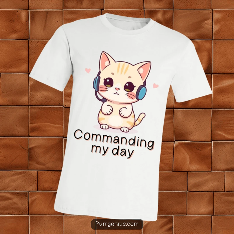 Funny Headset Cat T-Shirt, depicting a cat wearing a headset giving directions, great for leaders and supervisors.