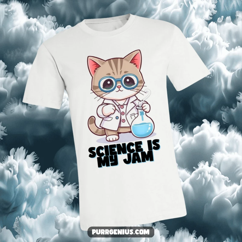 Funny t-shirt featuring a cat character in a lab coat, stirring a bubbling beaker filled with green liquid, science theme.