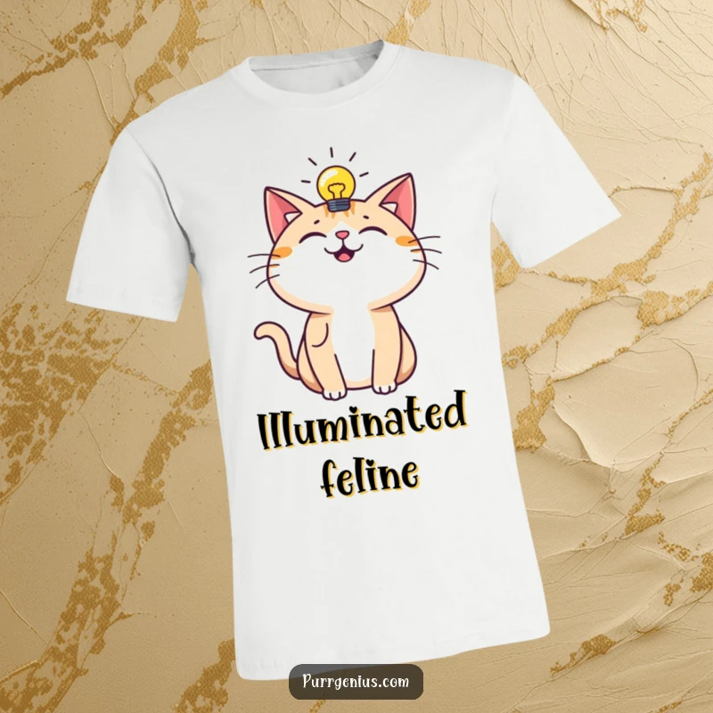 Funny T-Shirt: A cat beaming with happiness has a bright lightbulb symbolizing a great idea, conveying cleverness.