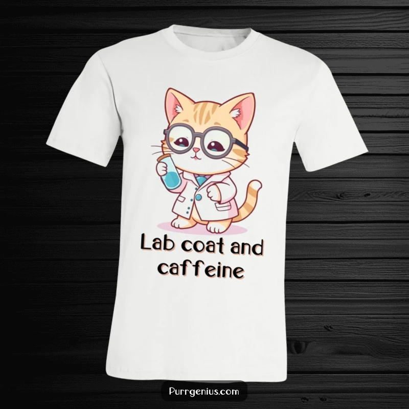 Funny cat scientist t-shirt showing a cute cat in a lab coat holding a test tube, exuding cleverness and charm.