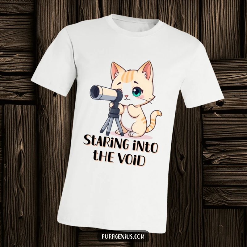 Funny t-shirt with a curious cat character looking through a telescope, aiming for the stars, perfect for adventurers.