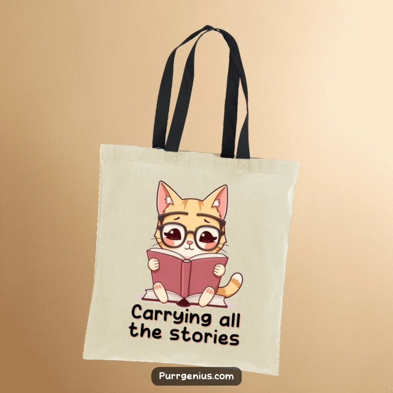 Funny tote bag showcasing a cute cat character with glasses, avidly reading a large book, ideal for book enthusiasts.