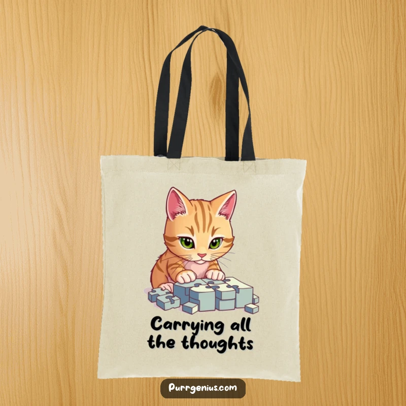Funny tote bag featuring a cat intently focused on a complex puzzle, perfect for carrying everyday items with a touch of humor.