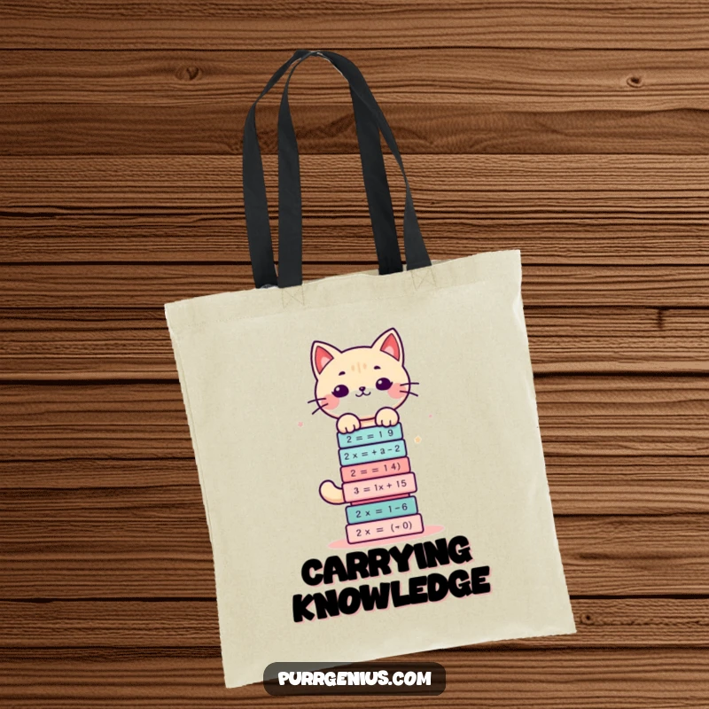 Funny tote bag with a cute kawaii cat character balancing a stack of complex math equations, ready for class.
