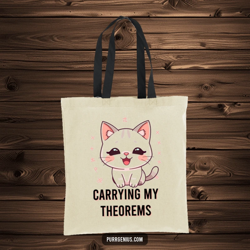 Funny kawaii cat tote bag, delighted expression, surrounded by floating math equations, showcasing academic and pet appreciation.