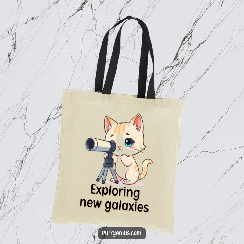 Funny tote bag with a curious cat character using a telescope to explore the night sky, perfect for adventurers.
