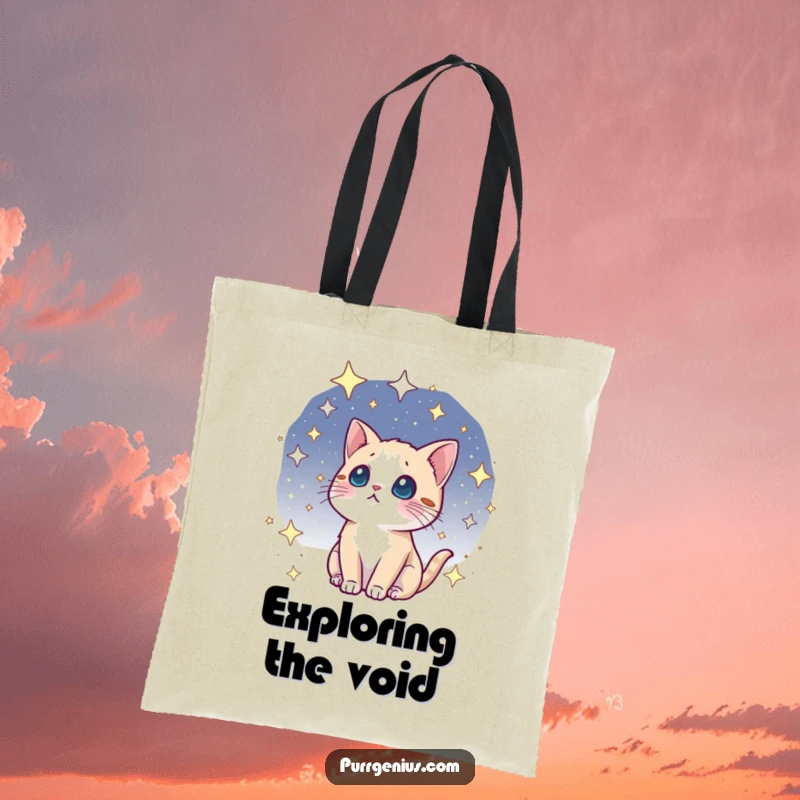 Funny kawaii cat tote bag, gazing in wonder at a starry cosmos, perfect for carrying essentials with a touch of magic.