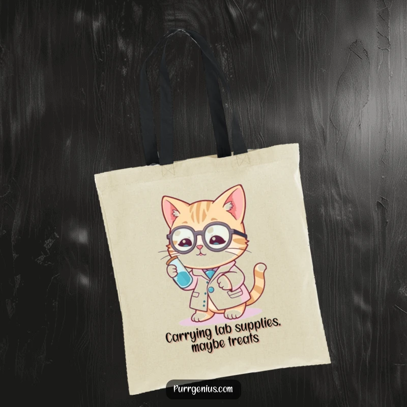 Funny cat scientist tote bag with a cute cat in a lab coat holding a test tube, perfect for carrying daily necessities.