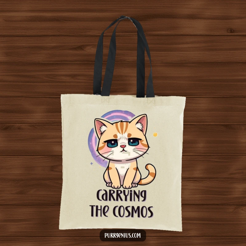 Funny cat with a furrowed brow pondering a colorful, swirling galaxy. This tote bag is perfect for carrying thoughts and essentials.