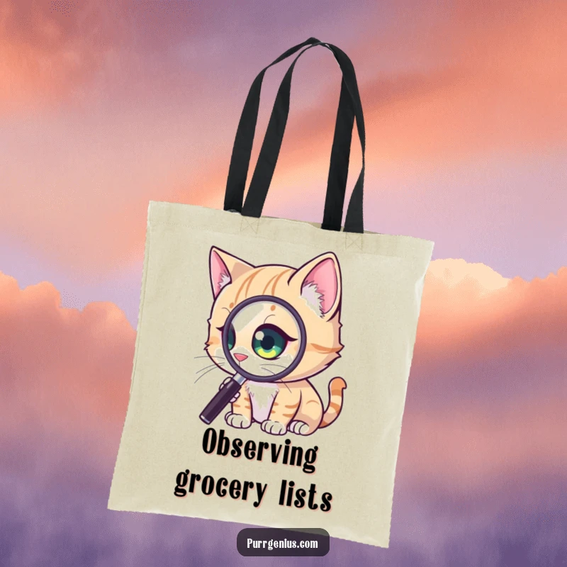 Funny Curious Cat Tote Bag: a cat with a magnified eye, focused on a tiny detail, perfect for carrying daily items with a humorous touch, a unique funny gift.